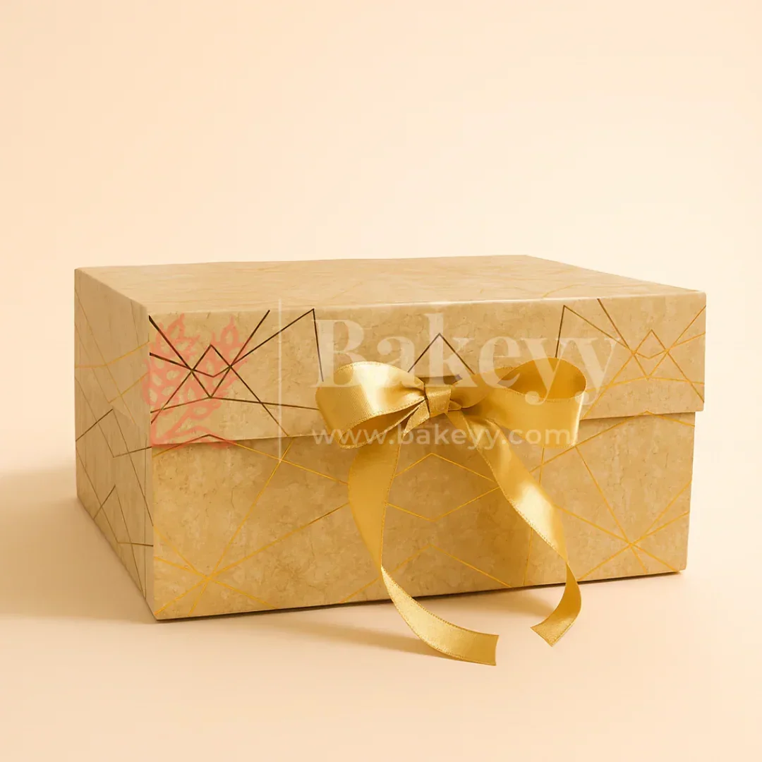 10x8x4 Inch | Golden Geometric Print Collapsible Hamper Box with Ribbon | Pack of 1 - Image 3