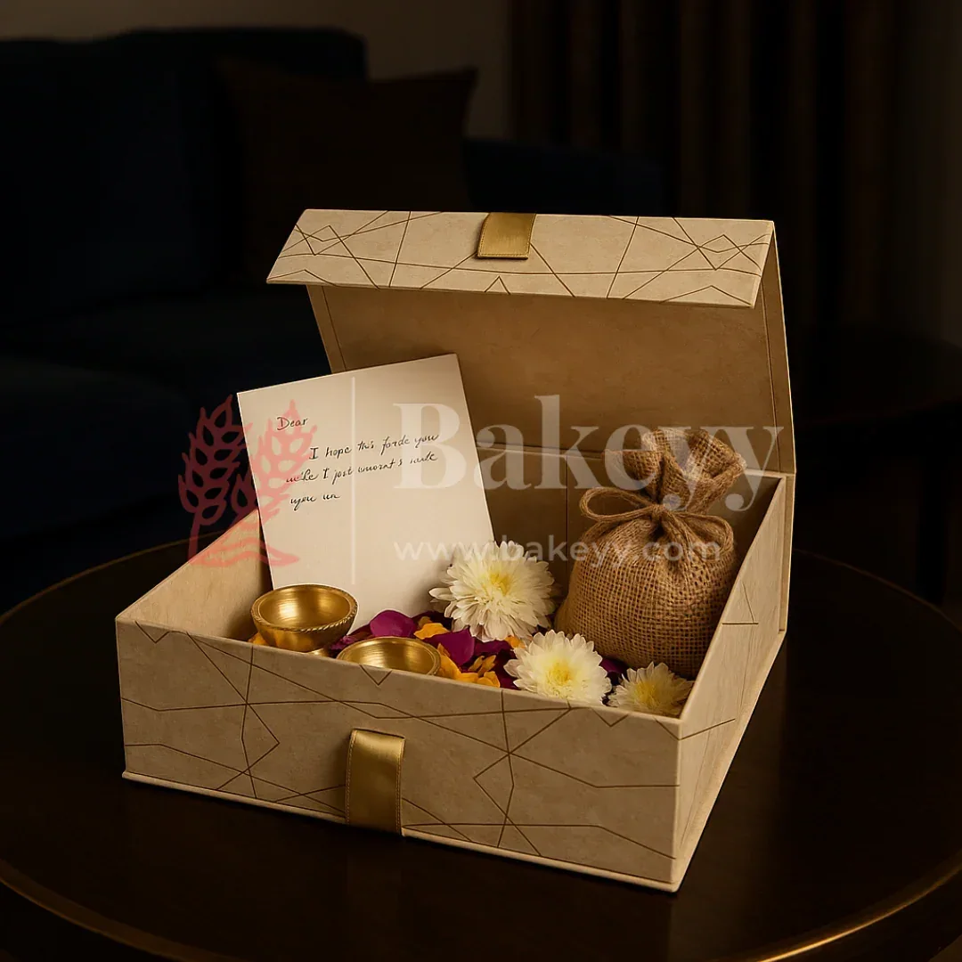 10x8x4 Inch | Golden Geometric Print Collapsible Hamper Box with Ribbon | Pack of 1 - Image 4