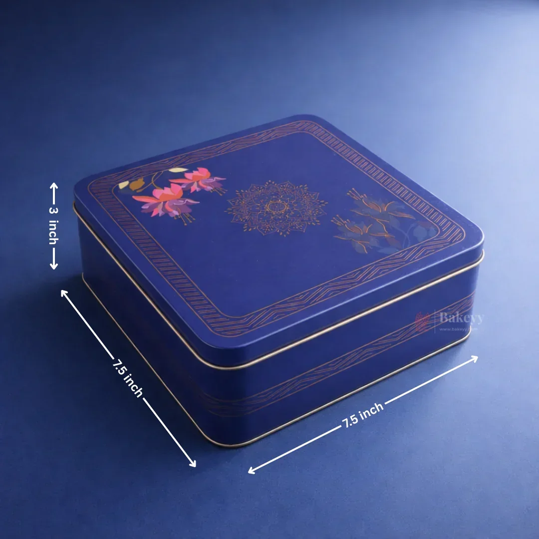 Royal Blue Floral Metal Hamper Box with Lid | 1 Piece - Image 2
