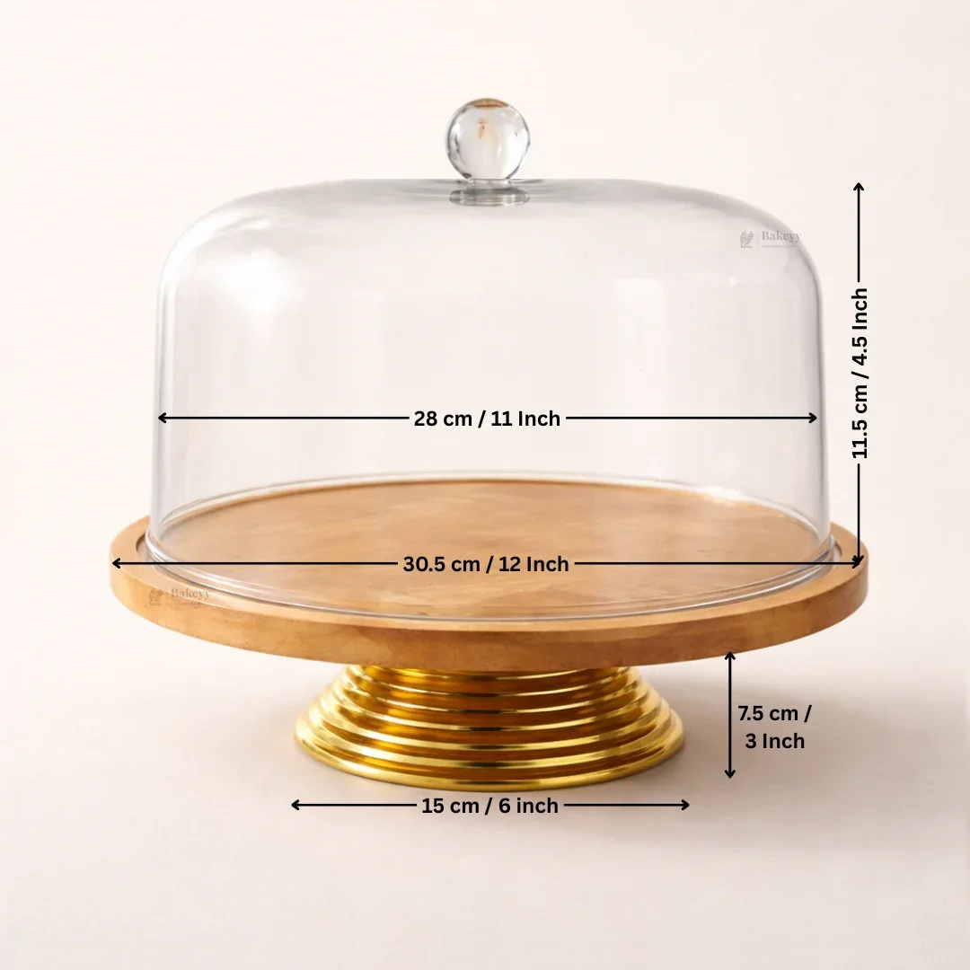 12 Inch | Premium Cake Stand with Acrylic Dome | Round Smooth Acrylic Handle | Wooden Base Display Stand | Pack of 1 - Image 3