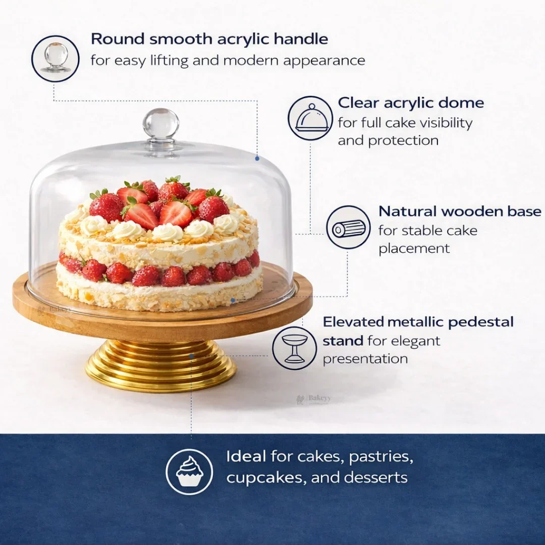 12 Inch | Premium Cake Stand with Acrylic Dome | Round Smooth Acrylic Handle | Wooden Base Display Stand | Pack of 1 - Image 5