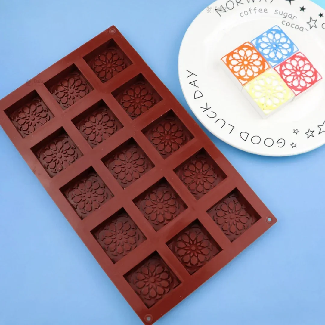 15 Cavity Square Floral Silicone Mould | Mini Dessert & Chocolate Mold | Pack of 1