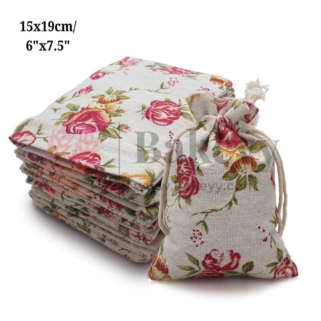 15X19cm| Floral Rose Jute Drawstring Bag| Jute Potli Bags| Gift Bags, Jewellery Pouches| DIY Craft Potli| Pack of 10