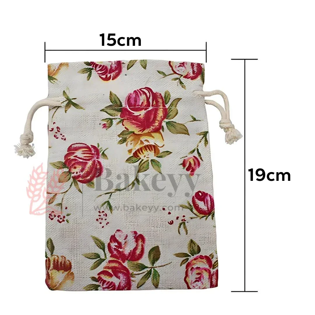 15X19cm| Floral Rose Jute Drawstring Bag| Jute Potli Bags| Gift Bags, Jewellery Pouches| DIY Craft Potli| Pack of 10 - Image 2