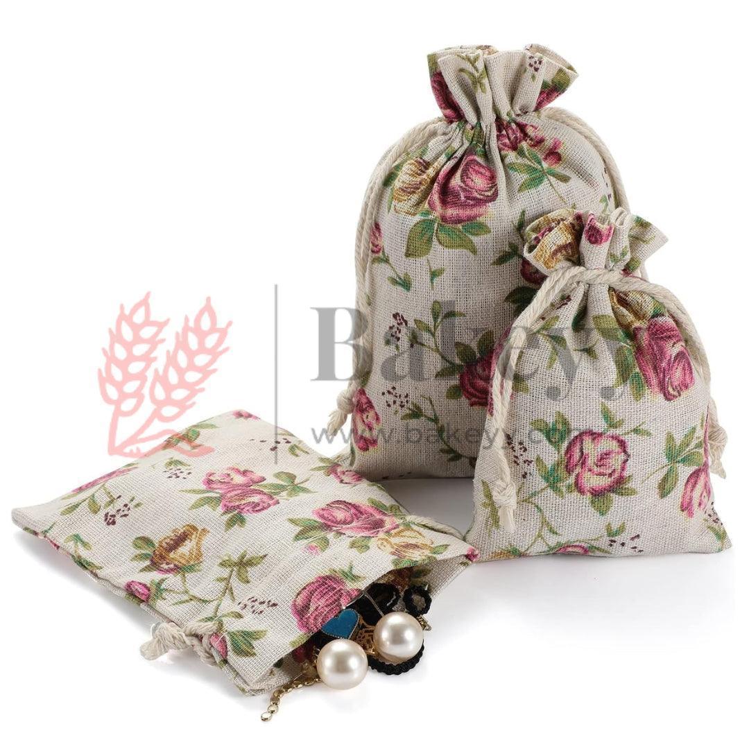 15X19cm| Floral Rose Jute Drawstring Bag| Jute Potli Bags| Gift Bags, Jewellery Pouches| DIY Craft Potli| Pack of 10 - Image 3