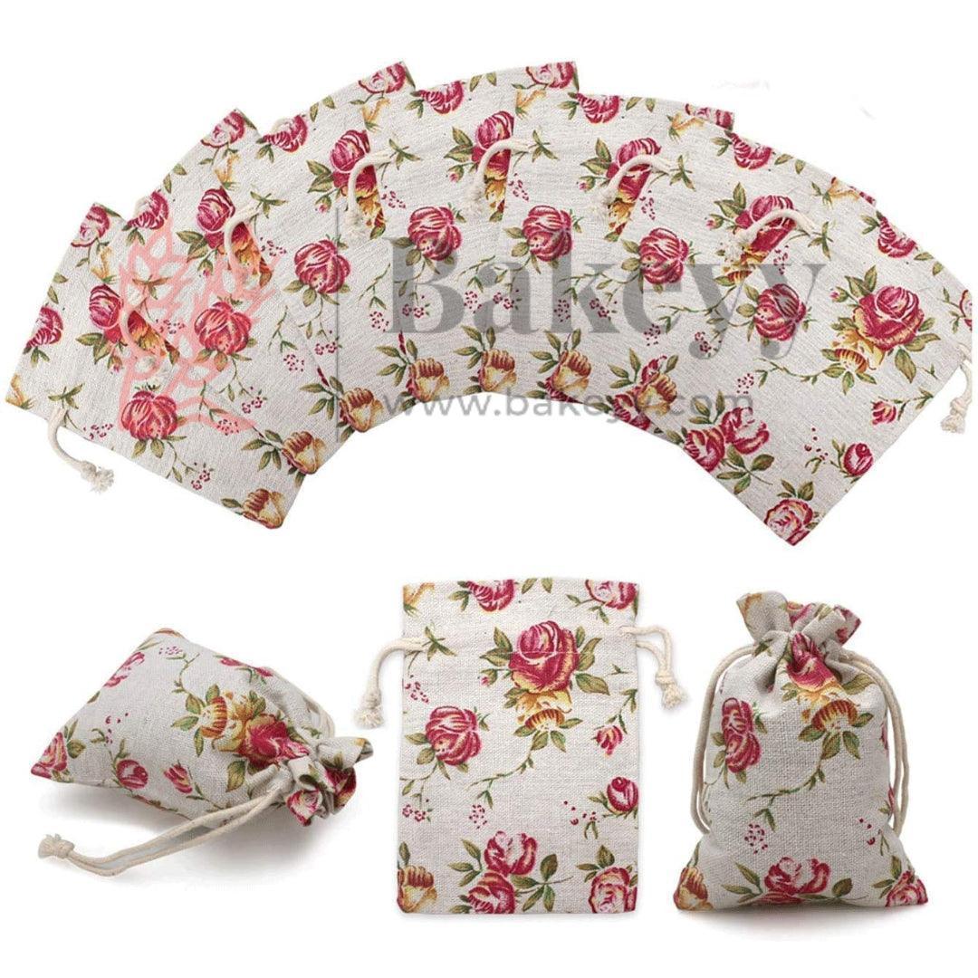 15X19cm| Floral Rose Jute Drawstring Bag| Jute Potli Bags| Gift Bags, Jewellery Pouches| DIY Craft Potli| Pack of 10 - Image 4