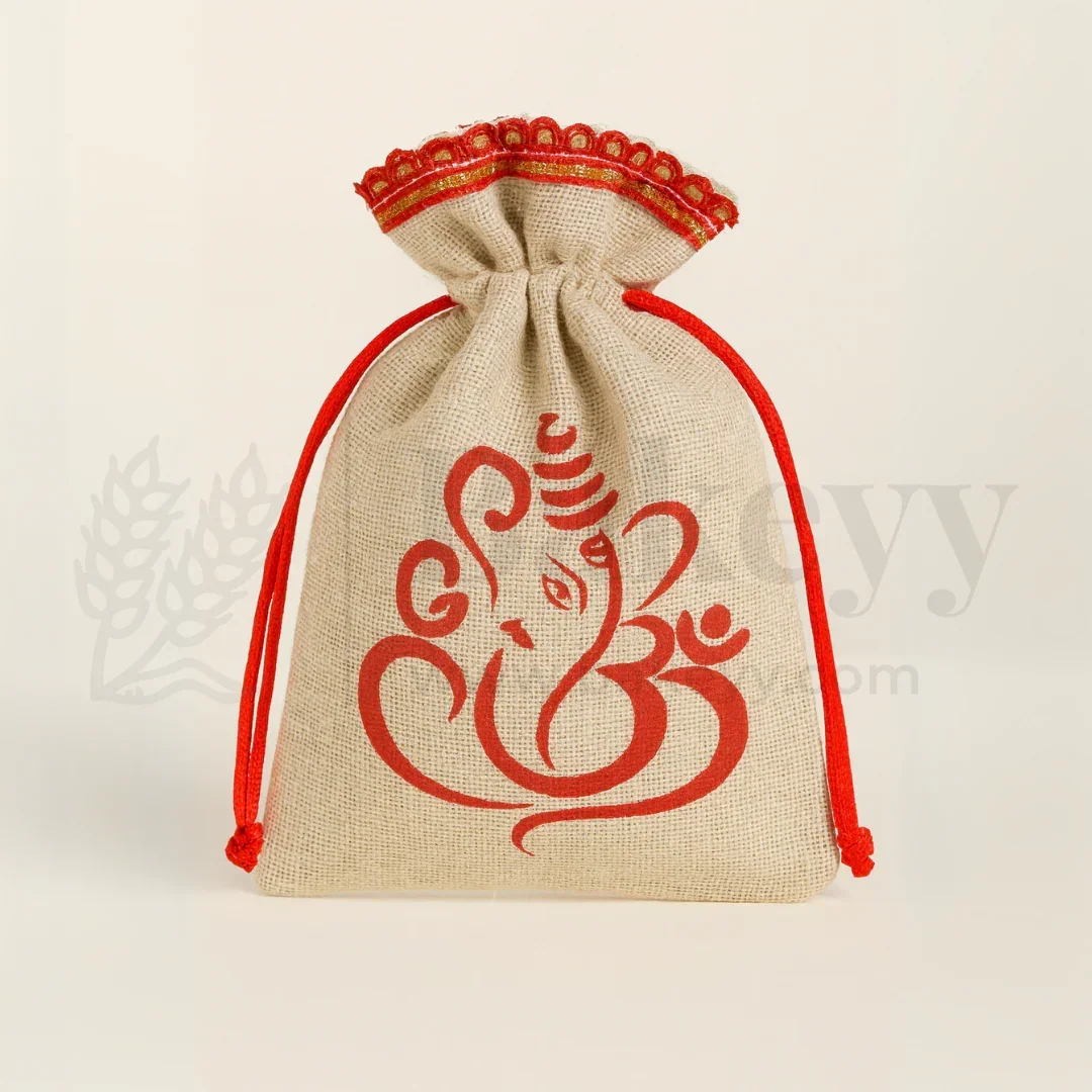 15x20 CM | Lord Ganesh Printed Jute Potli Bag | Return Gift Bags | Drawstring Pouches | Eco-Friendly Gifting - Pack of 50 - Image 3