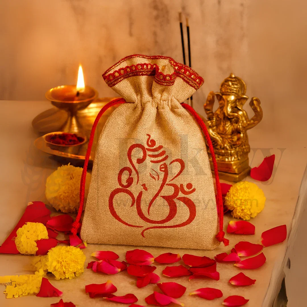 15x20 CM | Lord Ganesh Printed Jute Potli Bag | Return Gift Bags | Drawstring Pouches | Eco-Friendly Gifting - Pack of 50 - Image 4