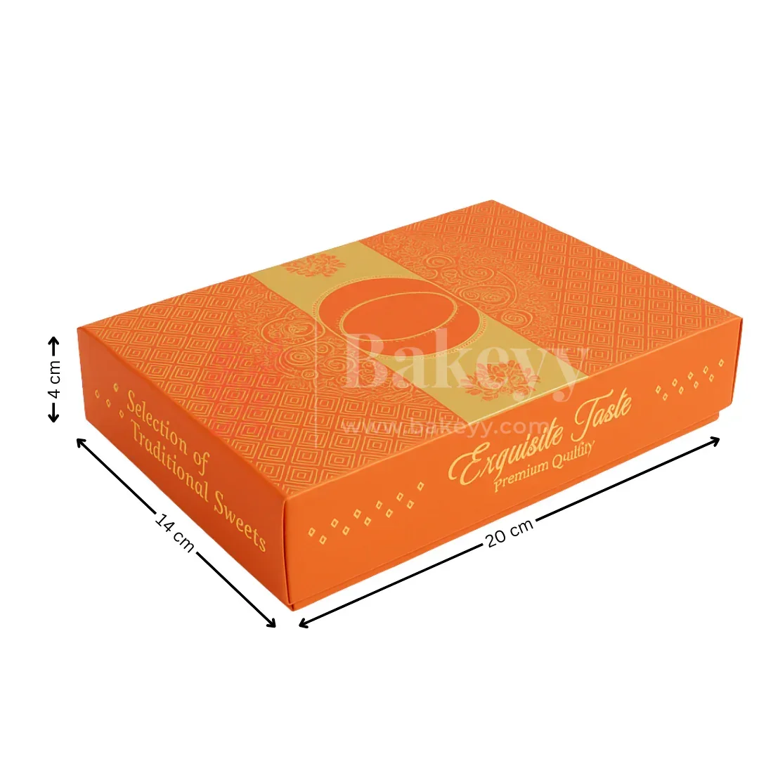 Half Kg Sweet Box | Elegant Orange sweet and chocolate box with Golden tray | Pack of 10 - Image 2