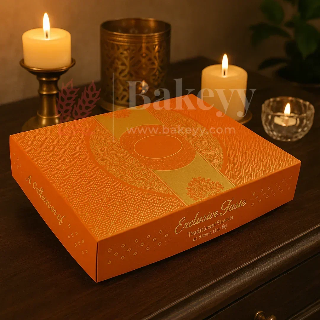 Half Kg Sweet Box | Elegant Orange sweet and chocolate box with Golden tray | Pack of 10 - Image 4