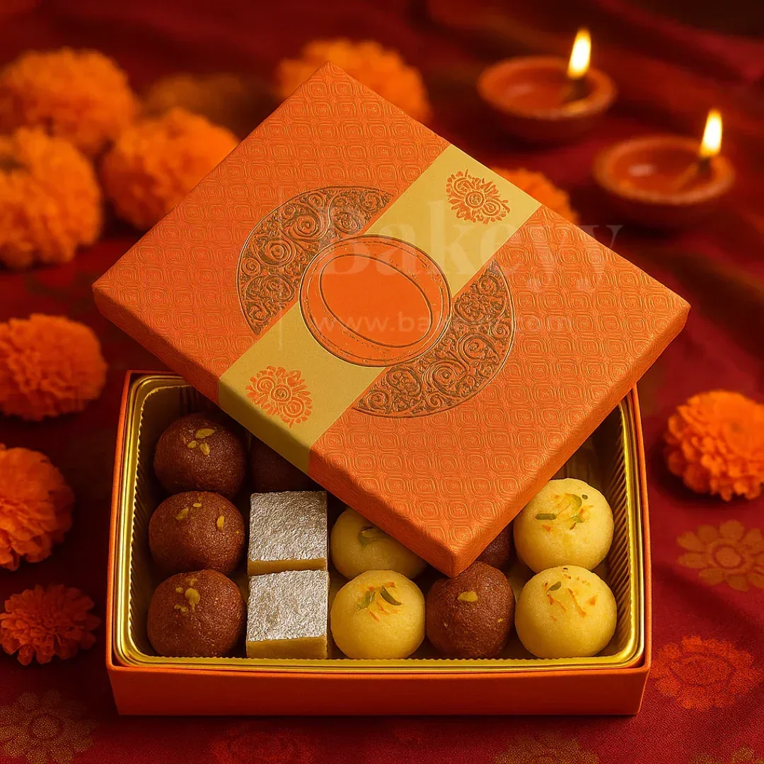 Half Kg Sweet Box | Elegant Orange sweet and chocolate box with Golden tray | Pack of 10 - Image 5