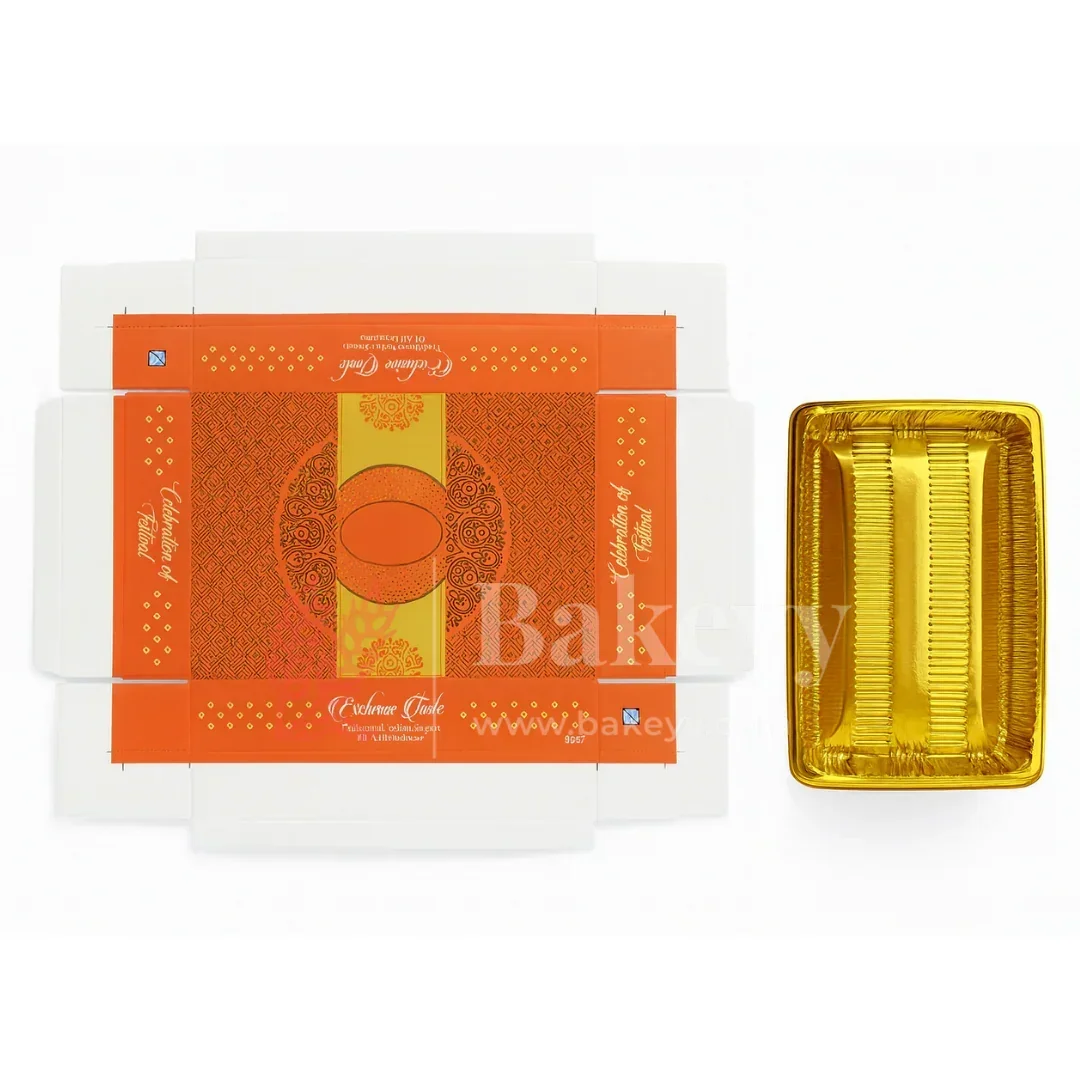 Half Kg Sweet Box | Elegant Orange sweet and chocolate box with Golden tray | Pack of 10 - Image 7