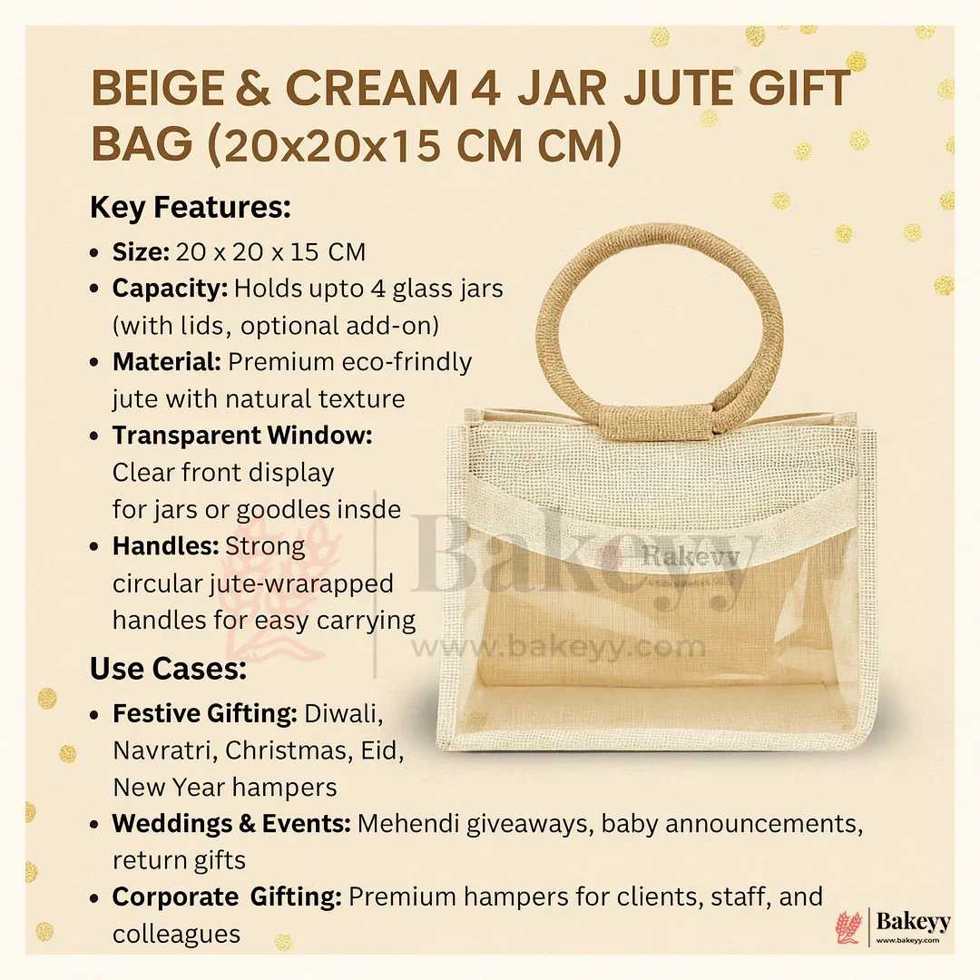 20x20x15 CM | Beige & Cream 4 Jar Jute Gift Bag with Window & Round Handles – 1 Piece - Image 3