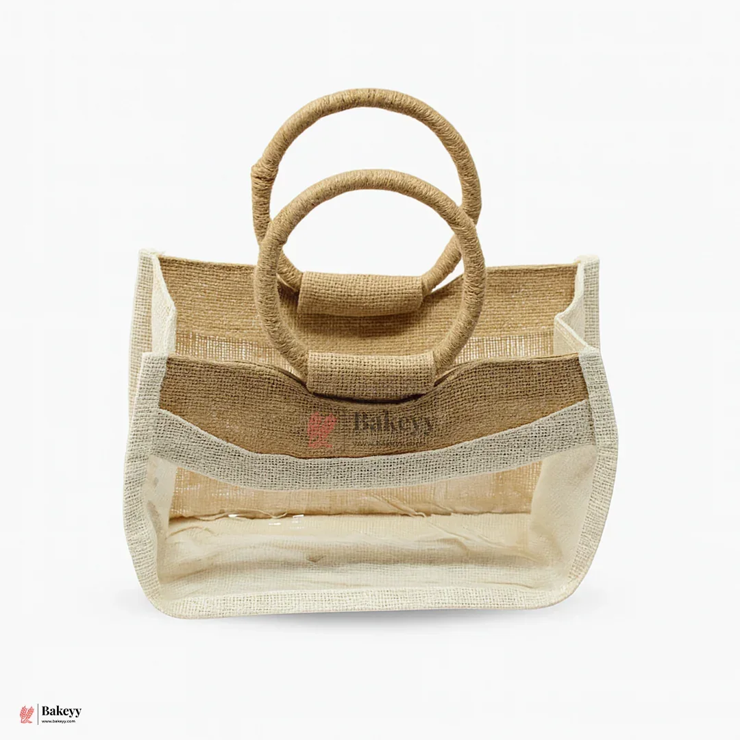 20x20x15 CM | Beige & Cream 4 Jar Jute Gift Bag with Window & Round Handles – 1 Piece - Image 5