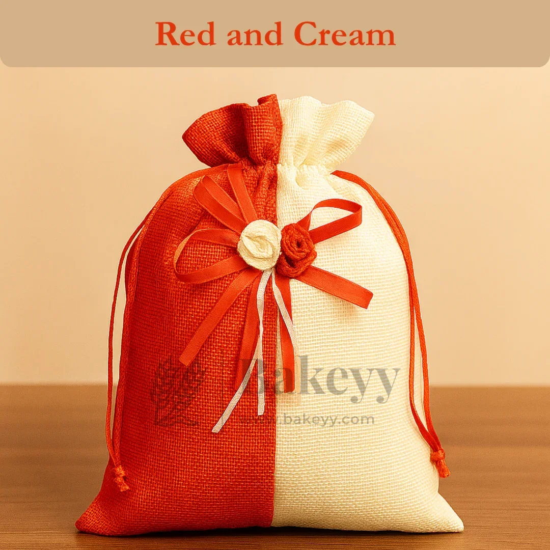 Dual Color Jute Potli Bag with Floral Accent | Traditional Potli Bag | Pack of 10 - Image 5