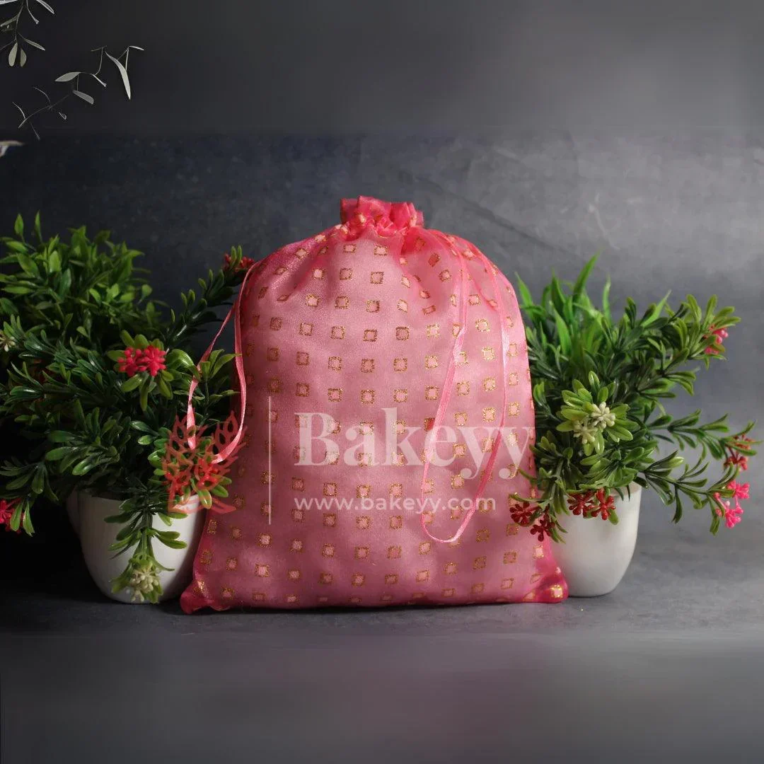 20x25 CM | Dotted Designs Organza Potli Bags | Pink Color | Pack of 50