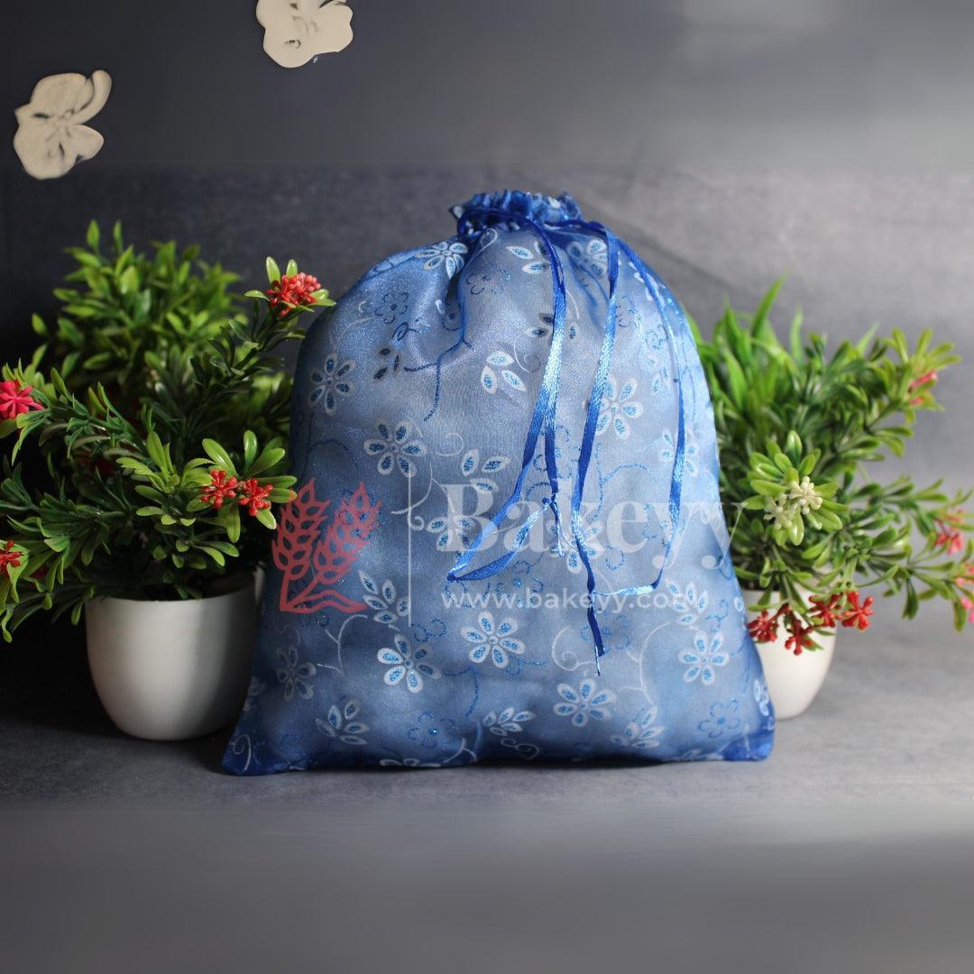 20x25 CM | Floral Designs Organza Potli Bags | Blue Color| Pack of 50