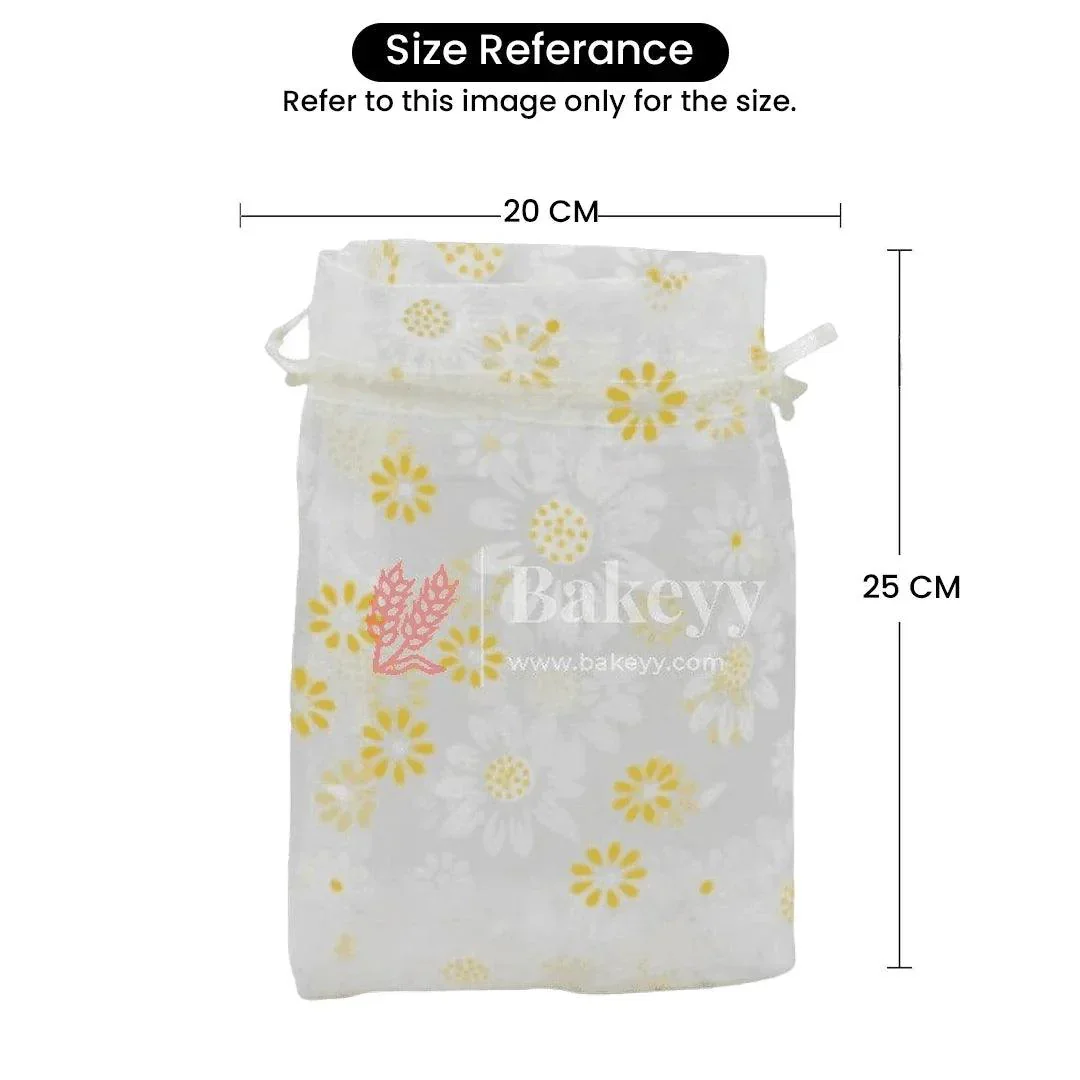 20x25 CM | Floral Designs Organza Potli Bags | Blue Color| Pack of 50 - Image 2