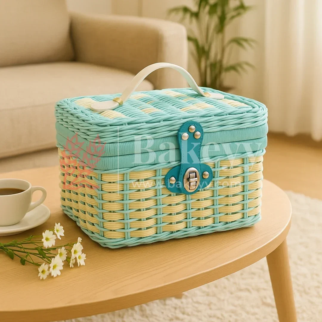 21x18x15 cm | Handmade Aqua Blue Wicker Storage Basket | 1 Piece - Image 6