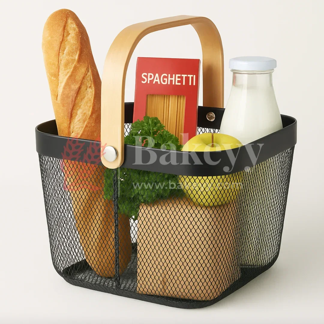 24x24x18 cm | Black Metal Basket with Wooden handle | 1 Piece - Image 5
