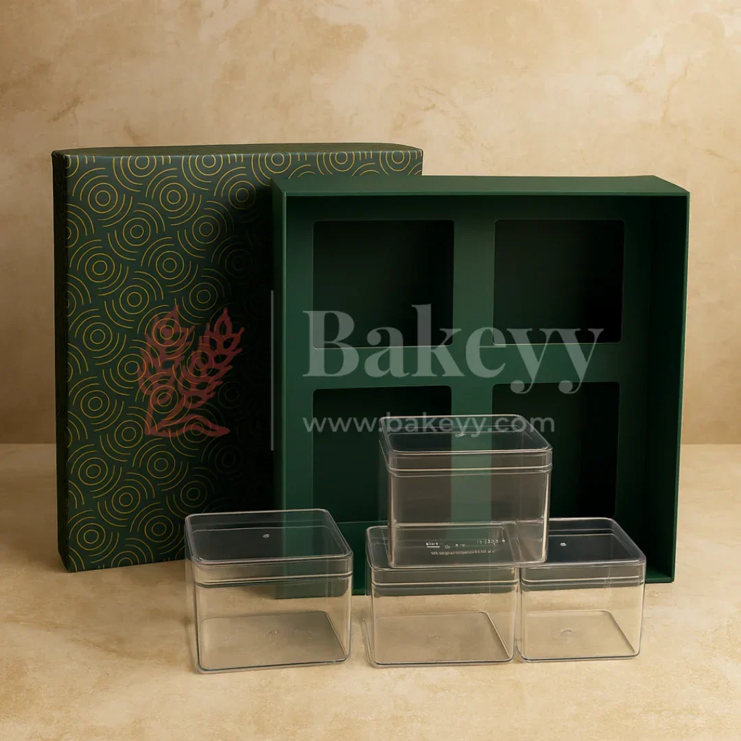 26x26x11 cm | Rigid Square Shaped Gift Box with 4 Plastic Box | Hamper Box | Dark Green | 1 Piece - Image 3