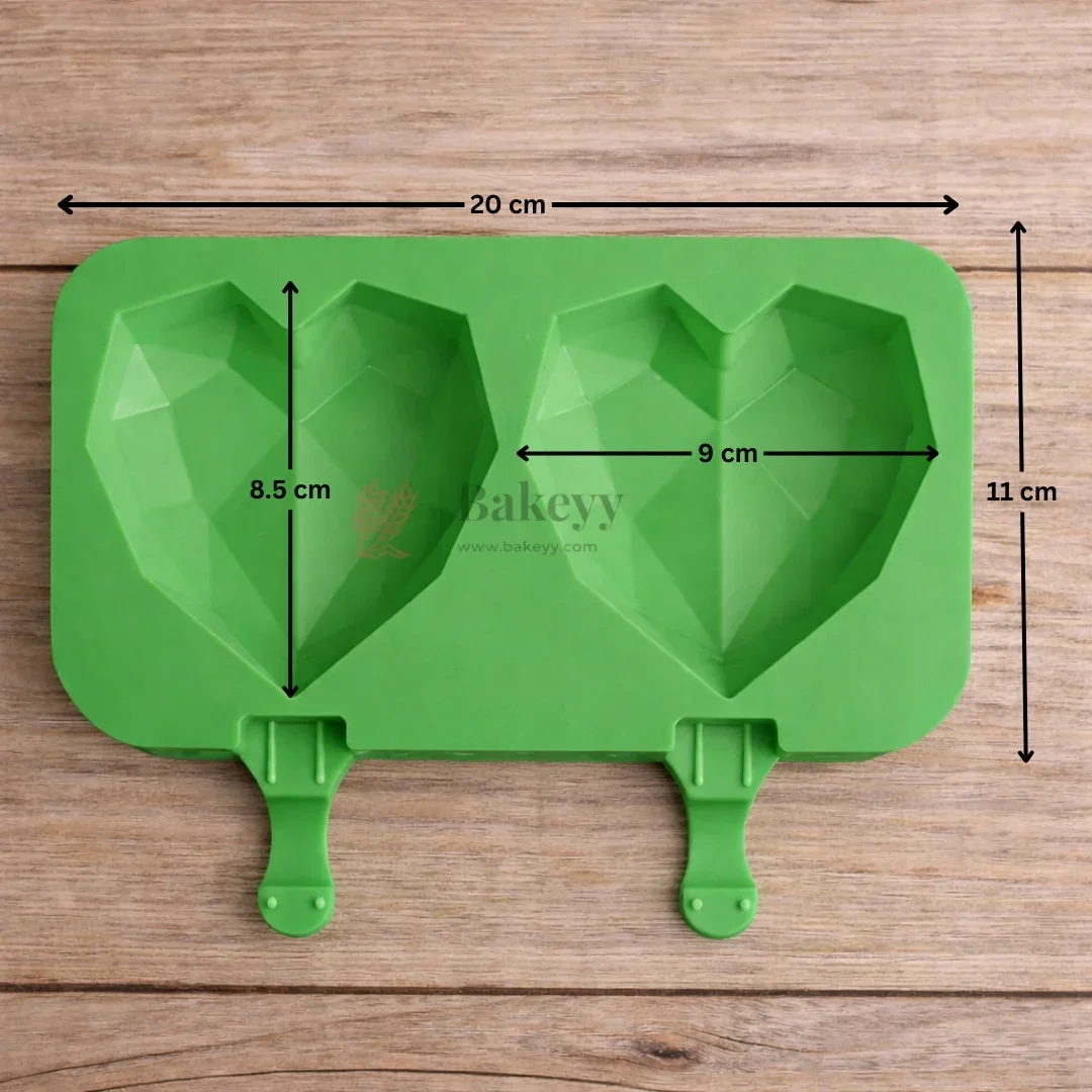 3D Diamond Heart Silicone Chocolate & Ice Cream Mold | 2 Cavity Popsicle Style | Lollipop Mould | Pack of 1 - Image 2