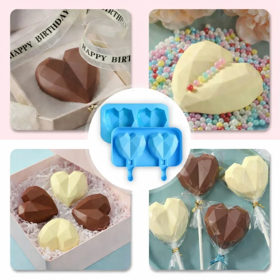 3D Diamond Heart Silicone Chocolate & Ice Cream Mold | 2 Cavity Popsicle Style | Lollipop Mould | Pack of 1 - Image 3