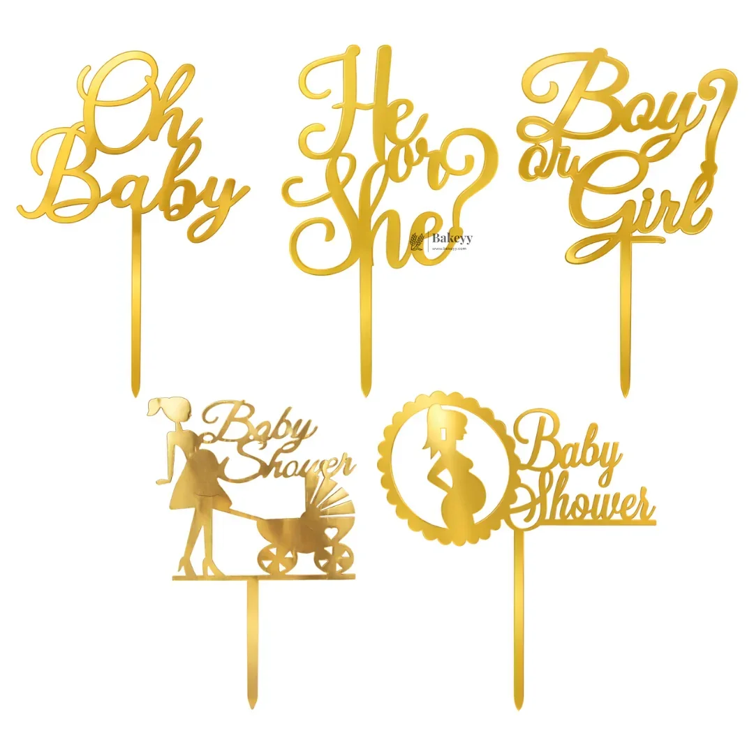 4 Inch Gold Acrylic Baby Shower Cake Topper | Oh Baby, Mom To Be & Baby Shower Designs | Pack of 5