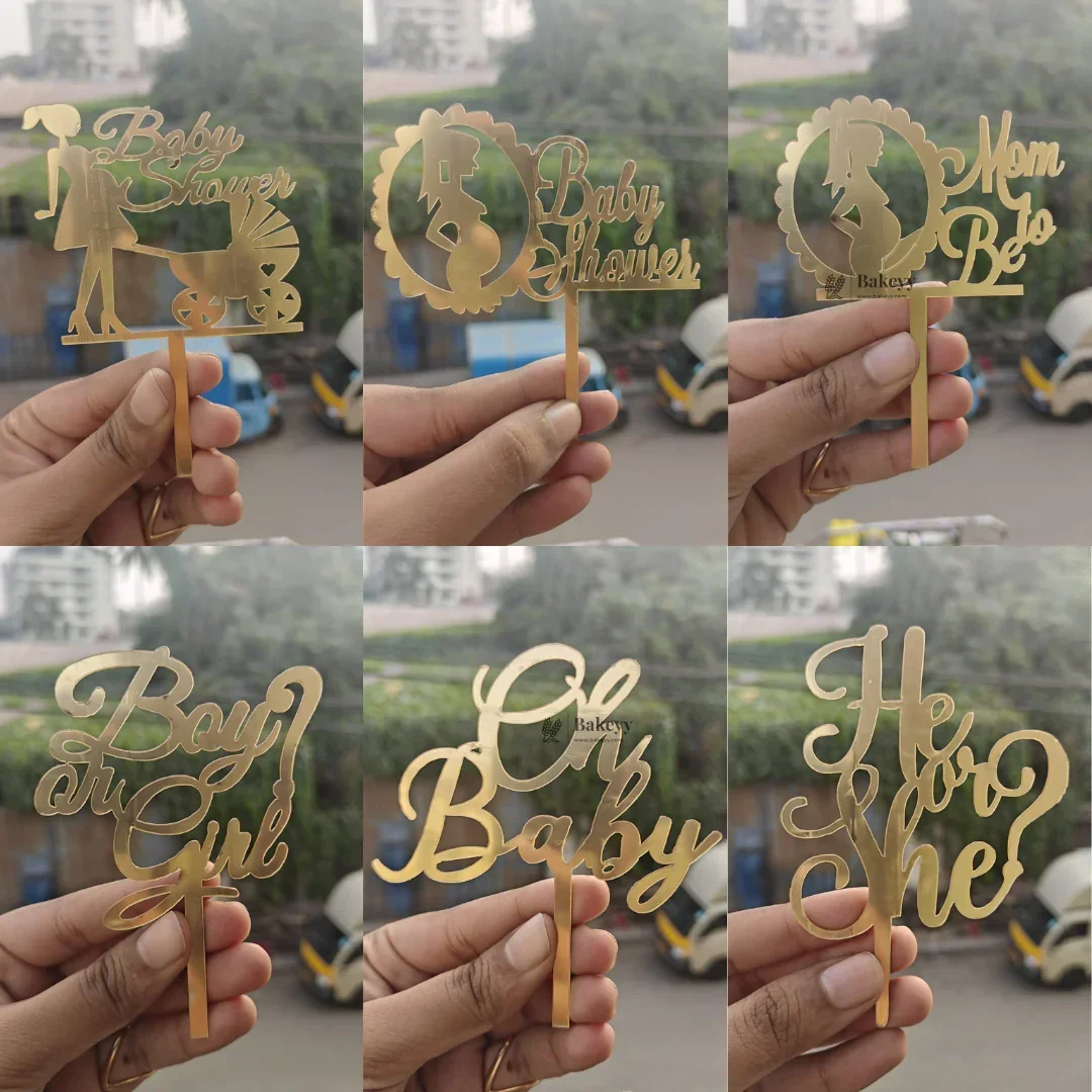 4 Inch Gold Acrylic Baby Shower Cake Topper | Oh Baby, Mom To Be & Baby Shower Designs | Pack of 5 - Image 2