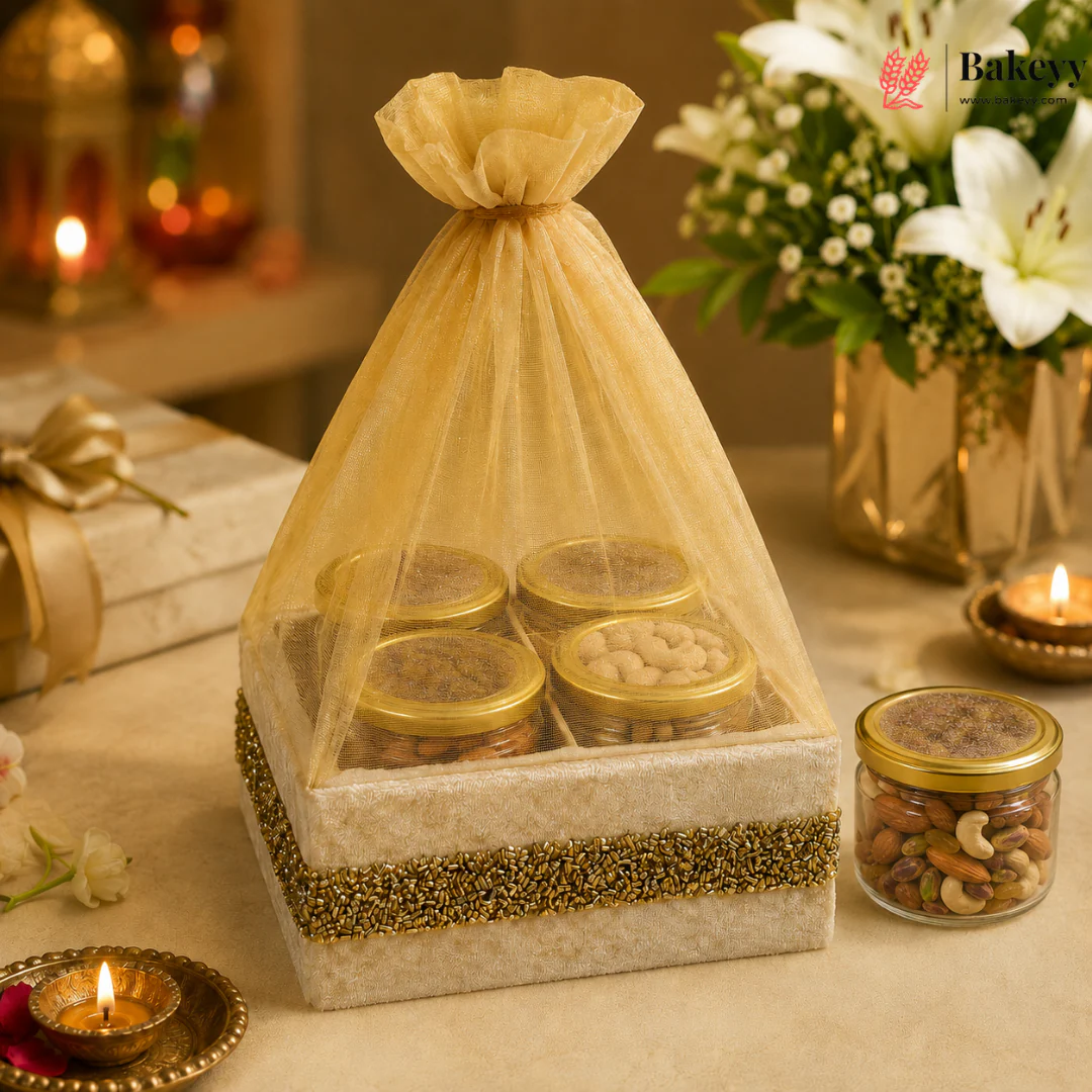 4 Jar Net Basket Gift Hamper | Golden Net Basket with Empty Jars for Dry Fruits & Festive Gifting | Pack of 1 - Image 3