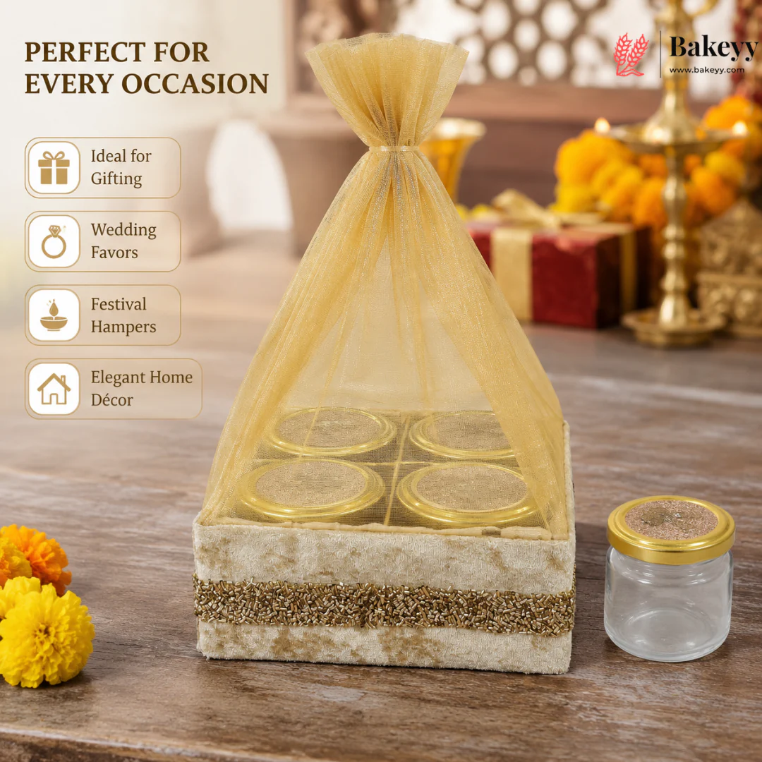 4 Jar Net Basket Gift Hamper | Golden Net Basket with Empty Jars for Dry Fruits & Festive Gifting | Pack of 1 - Image 4