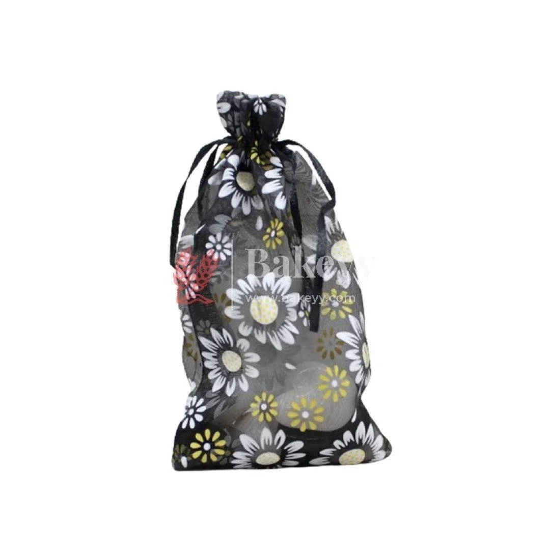 10x14 CM | Floral Designs Organza Potli Bags | Pack of 100 | Black Color | Candy Bag - Image 4