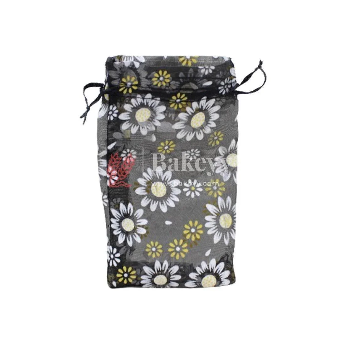 10x14 CM | Floral Designs Organza Potli Bags | Pack of 100 | Black Color | Candy Bag - Image 5