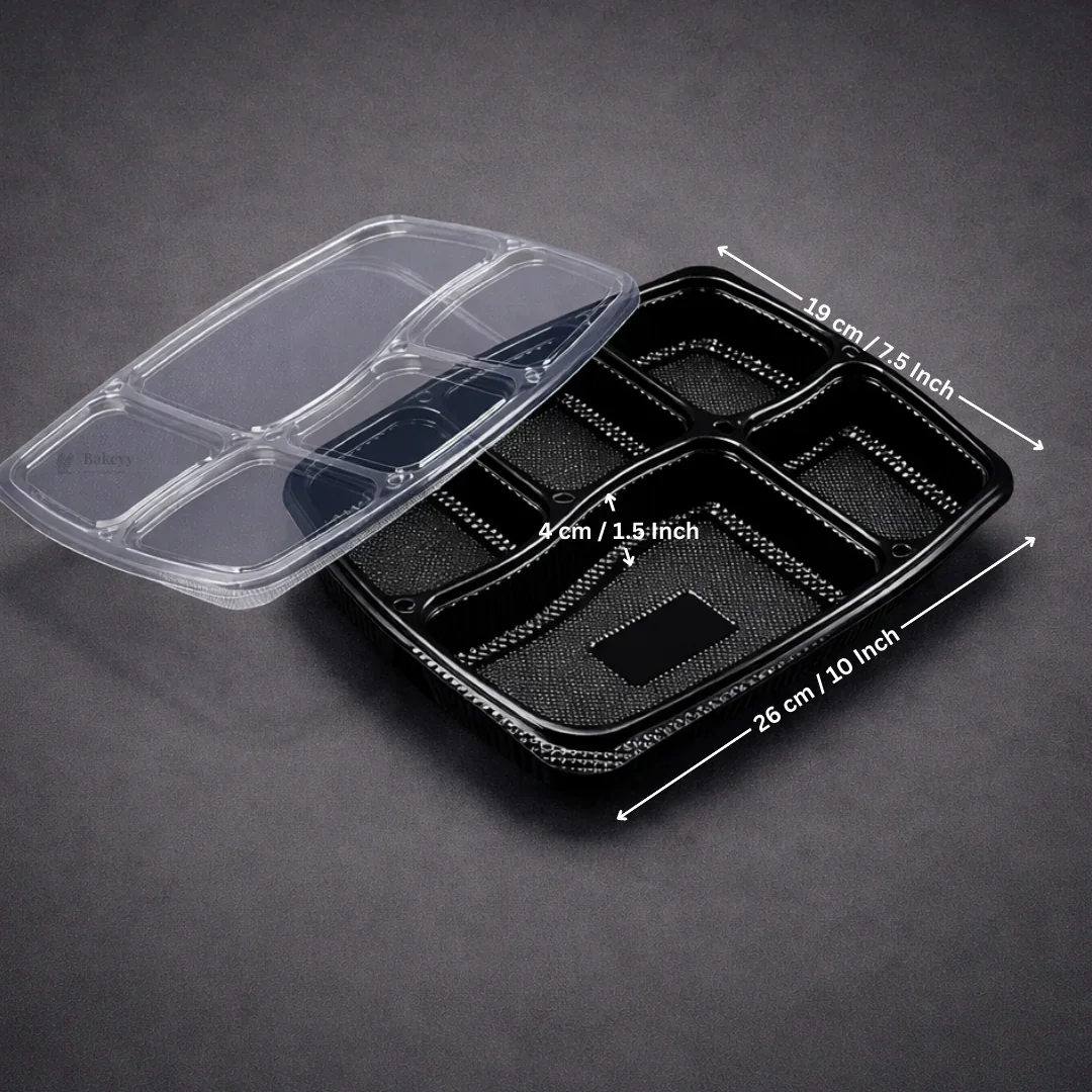 5 Compartment Plastic Meal Tray with Lid | Black Disposable Food Packaging Container for Takeaway, Catering & Meal Prep | Pack of 25 - Image 3