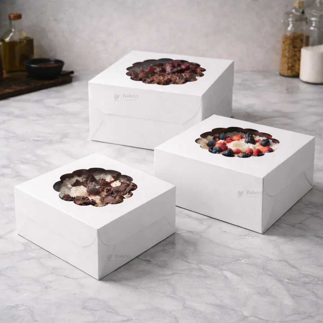 White Cake Box with Flower Window Top | Multiple Sizes Available | Pack of 25