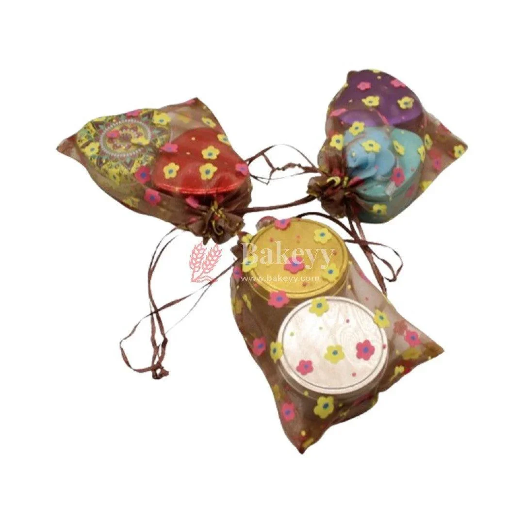 13x18 CM | Floral Designs Organza Potli Bags | Pack of 100 | Brown Color | Candy Bag | Pack of 100 - Image 2