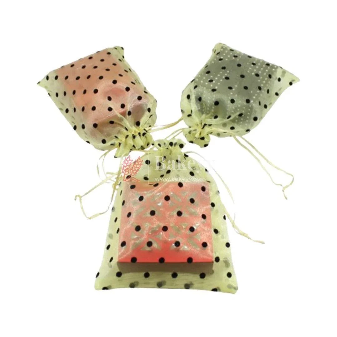 16x20 CM | Polka Dots Organza Potli Bags | Pack of 50 | Yellow Color | Candy Bag - Image 3