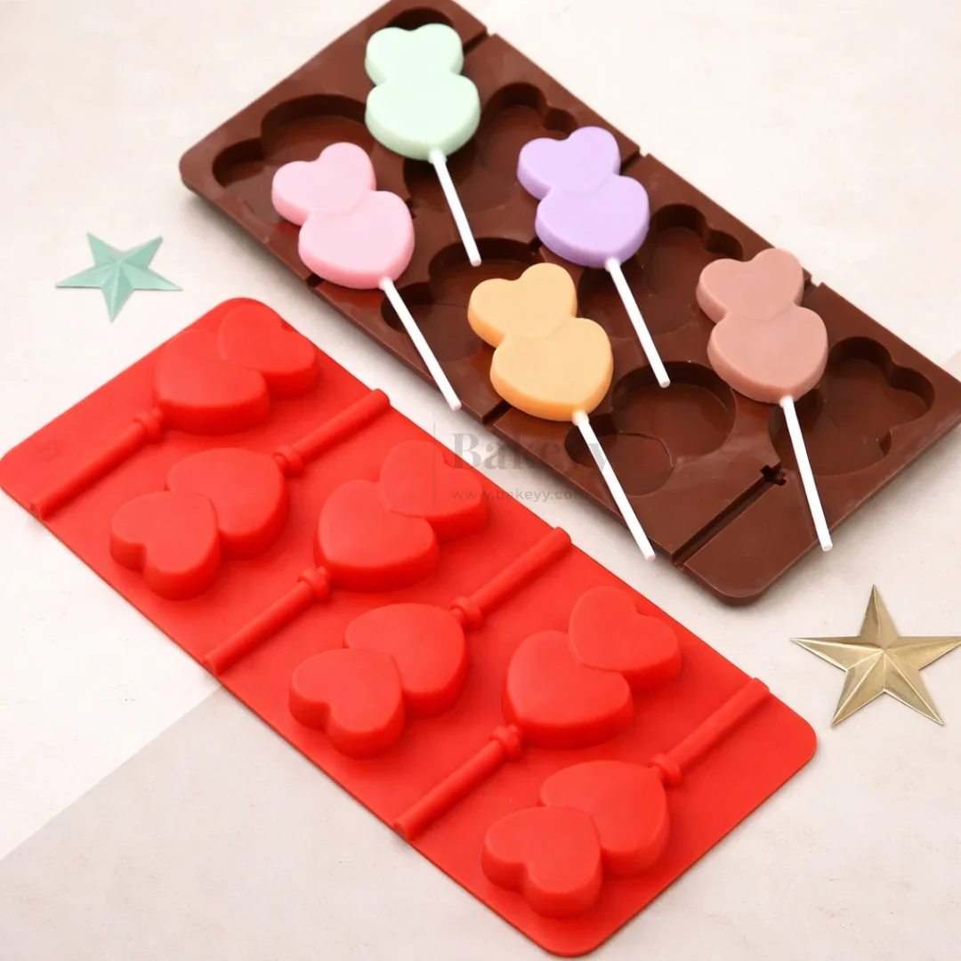 6 Cavity Double Heart Shape Silicone Chocolate & Candy Lollipop Mould | Pack of 1 - Image 3