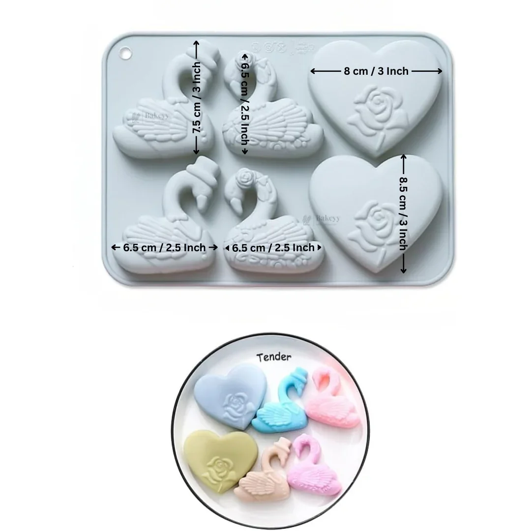 6 Cavity | Swan & Rose Heart Design Silicone Chocolate Mould | Pack of 1 - Image 2