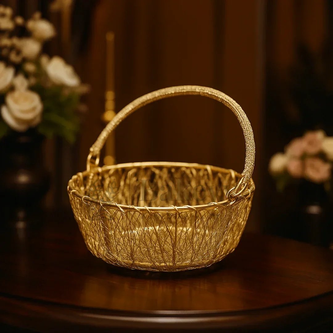 Round Decorative Gold Metal Hamper Basket For Gifting | Return Gifts | 1 Piece