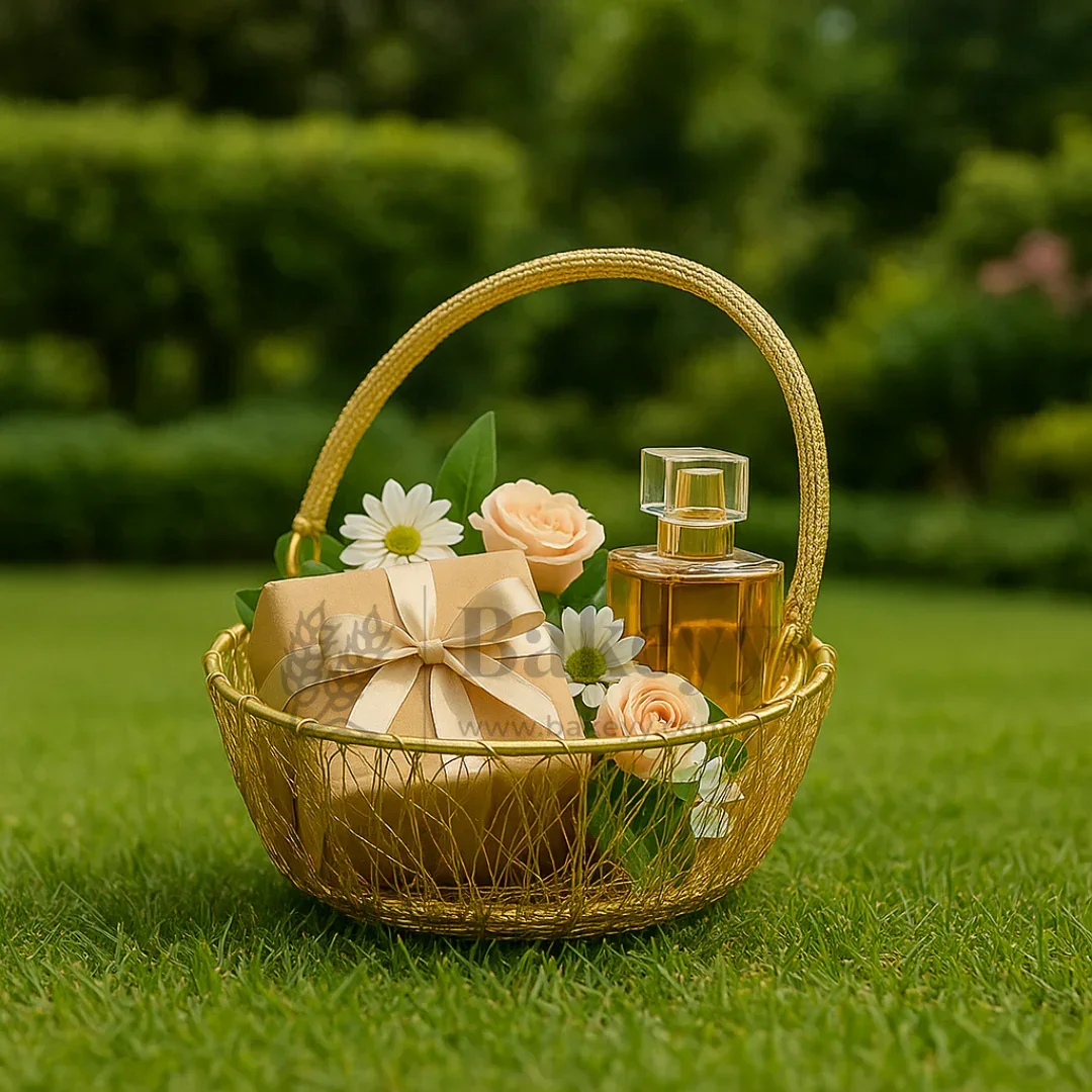 Round Decorative Gold Metal Hamper Basket For Gifting | Return Gifts | 1 Piece - Image 3