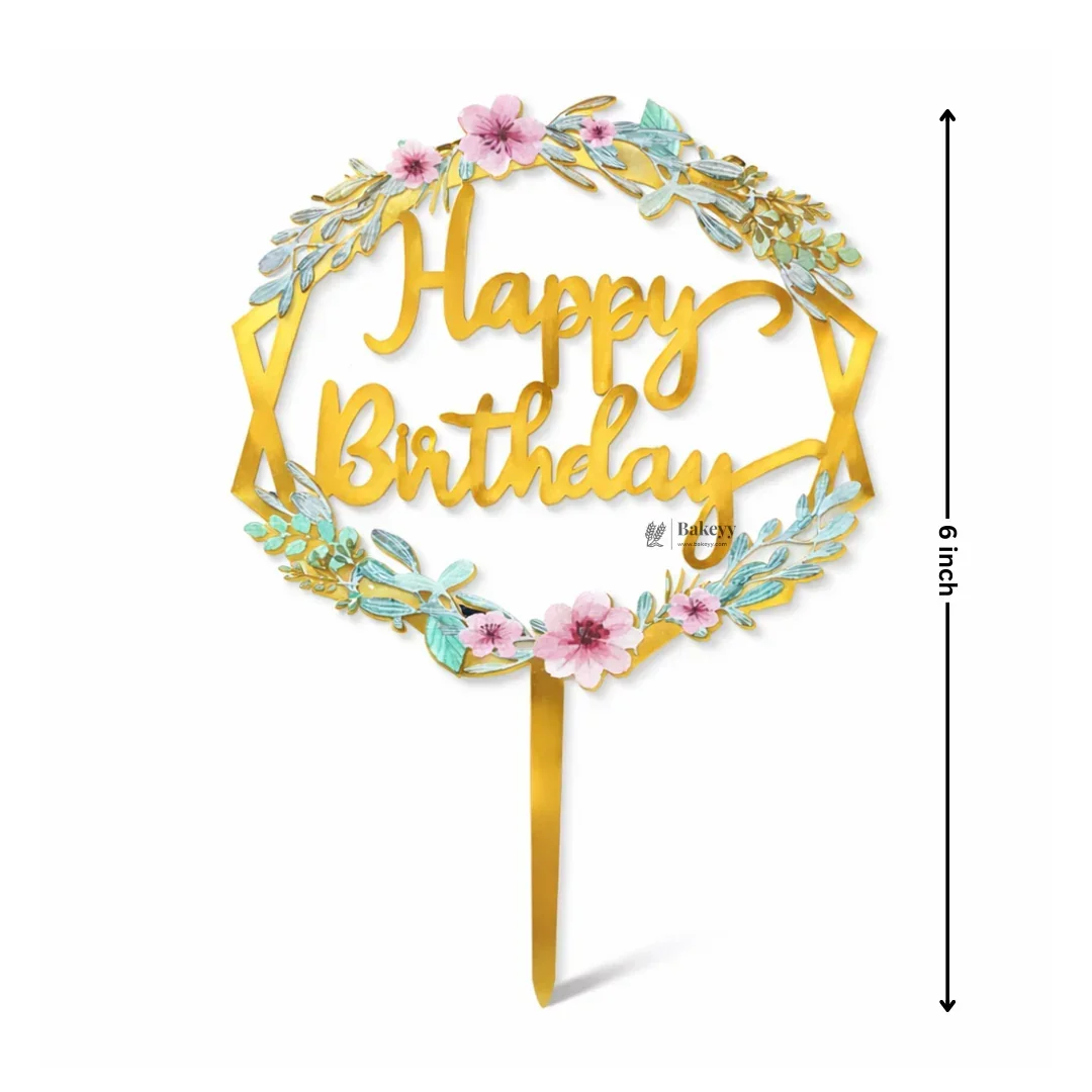 6 Inch Gold Floral Happy Birthday Cake Topper | Elegant Celebration Cake Décor | Pack of 5 - Image 3