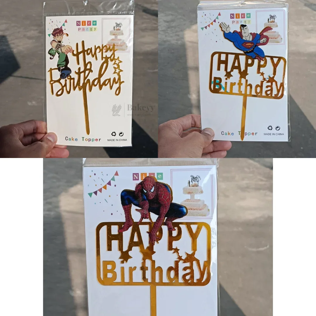 6 inch | Golden Cartoon Happy Birthday Cake Topper for Kids Birthday Party | Cartoon & Superhero Theme Cake Decoration | Pack of 5 - Image 3