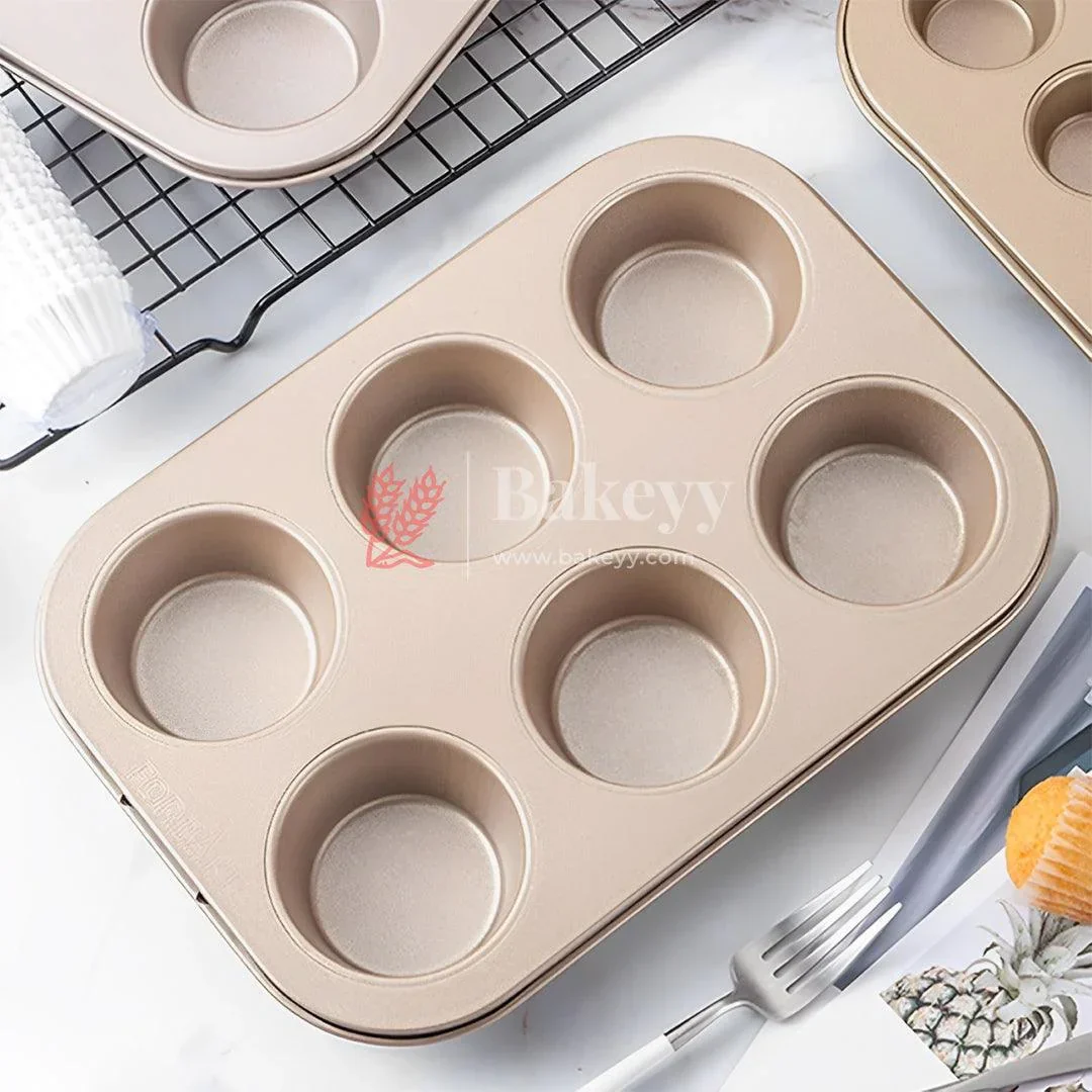 6 Slot Tray Cup Muffin Pan Tins Mould | Baking Cupcake | Non-Stick Mould | Reusable Tray Pan Mould | Non-Stick (Chrome Gold) - Image 5