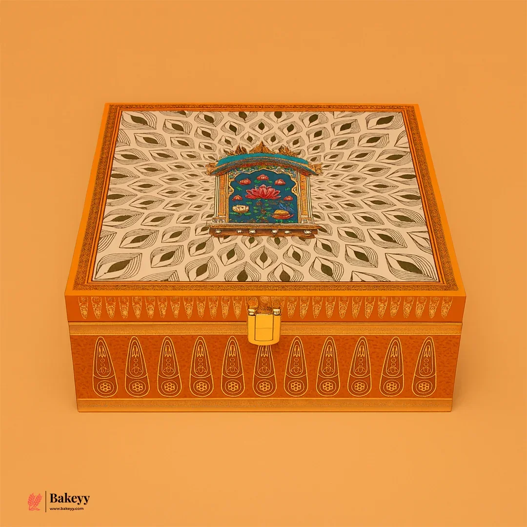 Royal Lotus Design Orange Square Gift Box with Golden Satin Lining | Pack of 1