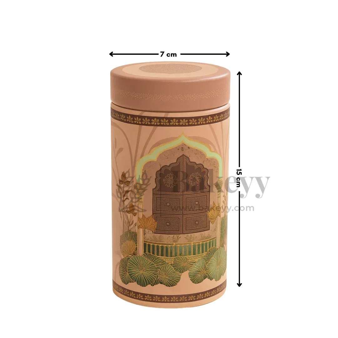7x15 cm | Premium Brown & Rose Cylindrical Tin Box with Floral Arch Design | Pack of 1 - Image 2