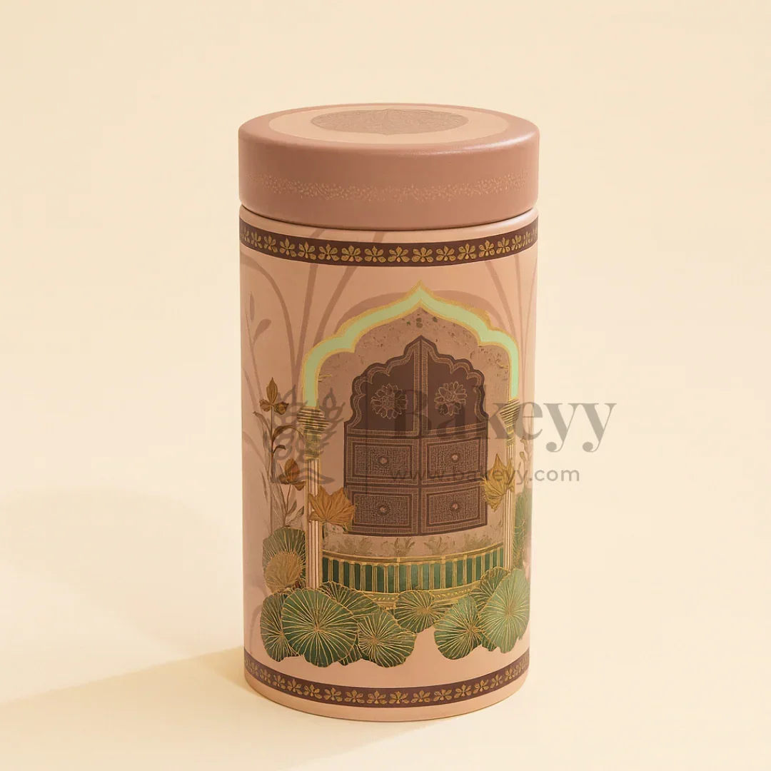 7x15 cm | Premium Brown & Rose Cylindrical Tin Box with Floral Arch Design | Pack of 1 - Image 3