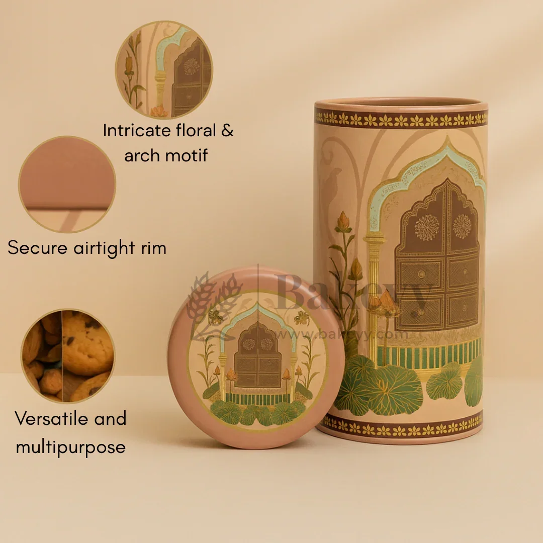 7x15 cm | Premium Brown & Rose Cylindrical Tin Box with Floral Arch Design | Pack of 1 - Image 6