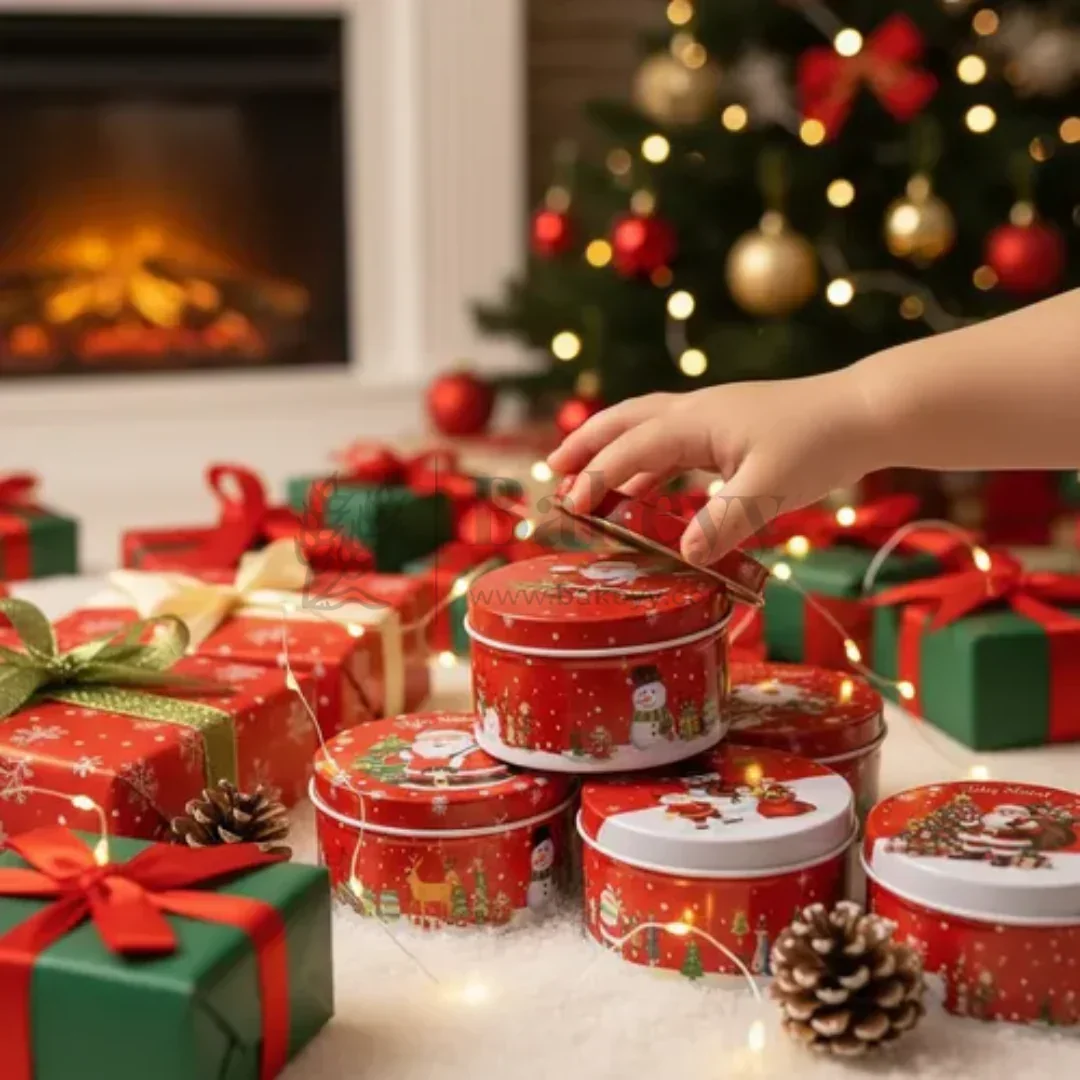 Christmas Themed Round Decorative Tin Box | Gift Box | Chocolate Box | Pack of 12 - Image 4