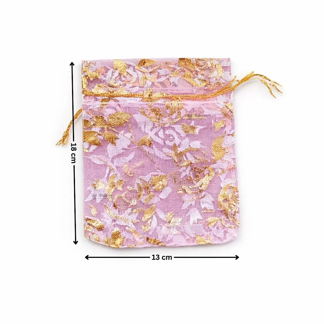 Printed Organza Potli Bags | Pink Color - Image 5